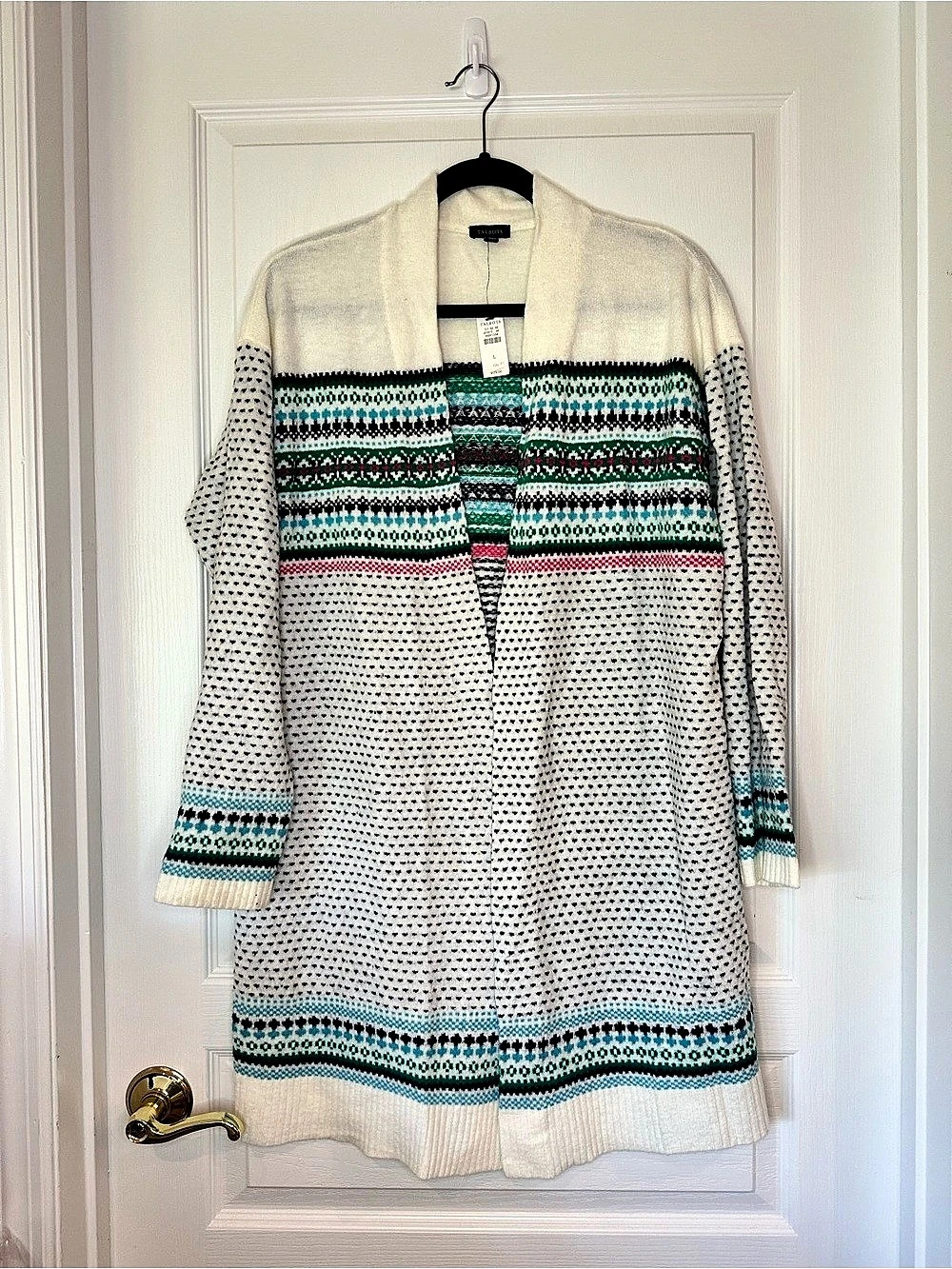 Talbots Open-Front Fair Isle Cardigan Cream & Green Large